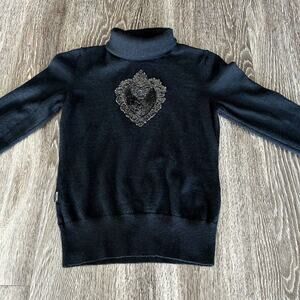 Moschino Jeans Vintage 2000s Black Wool Beaded Heart Turtleneck Sweater Knit Top